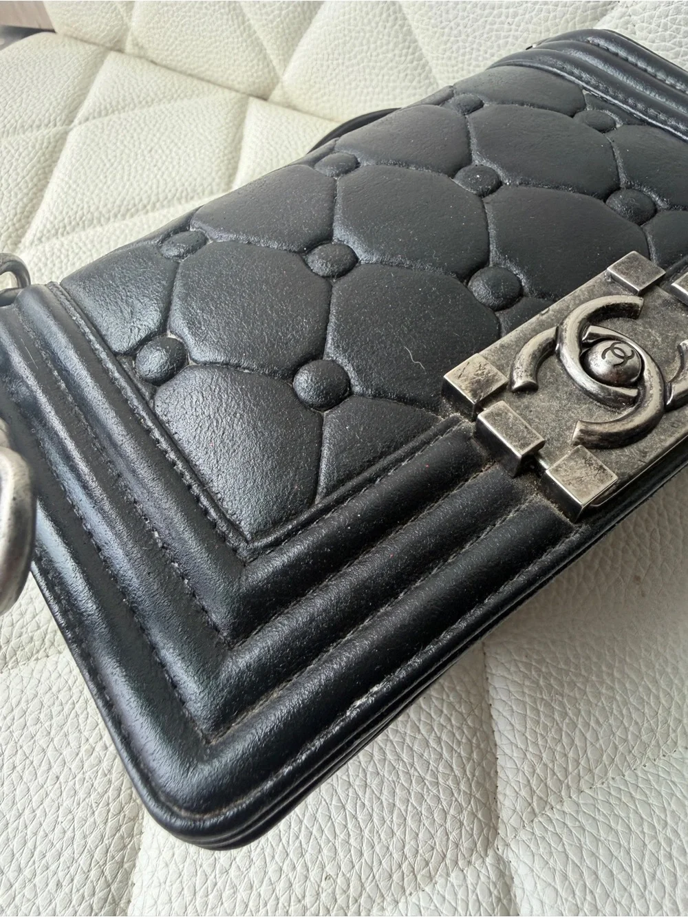 CHANEL Black Quilted Boy Crossbody Ruth hardware. Small boy.